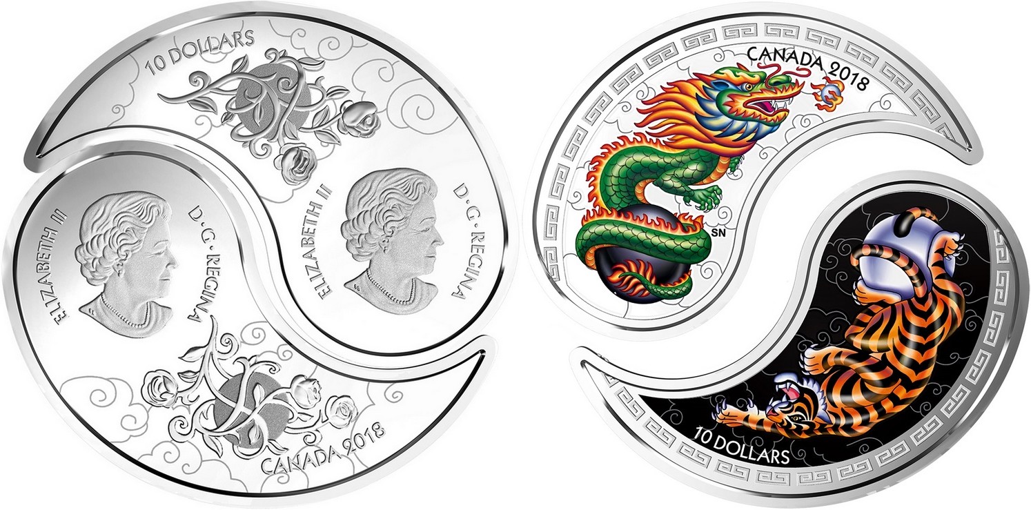 canada 2018 yin & yang blanc et noir tigre et dragon